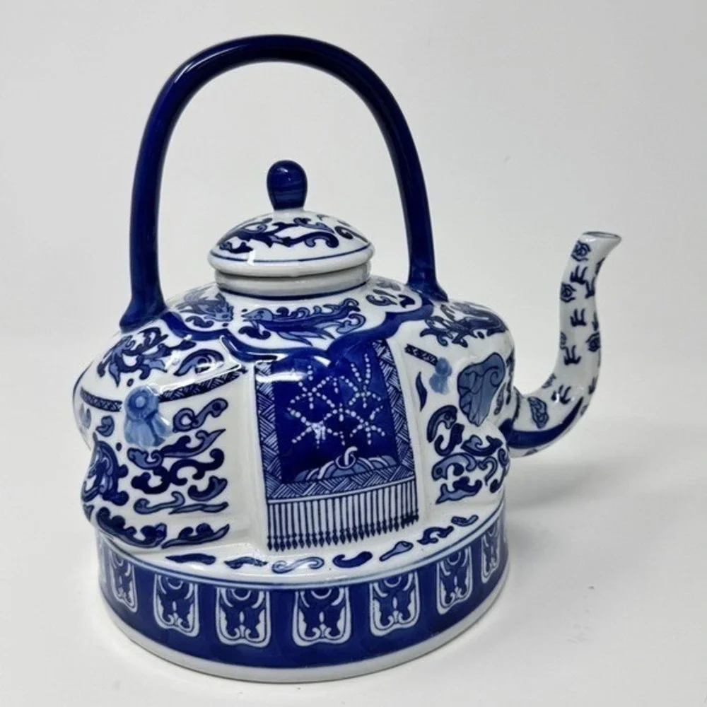 Vintage Elephant Chinoiserie Blue and White Teapot by Bombay